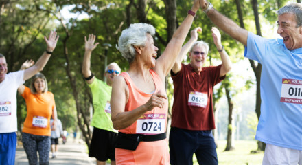 Groupd 70 year olds celebrating during a running race