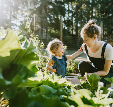 Young woman and small child gardening