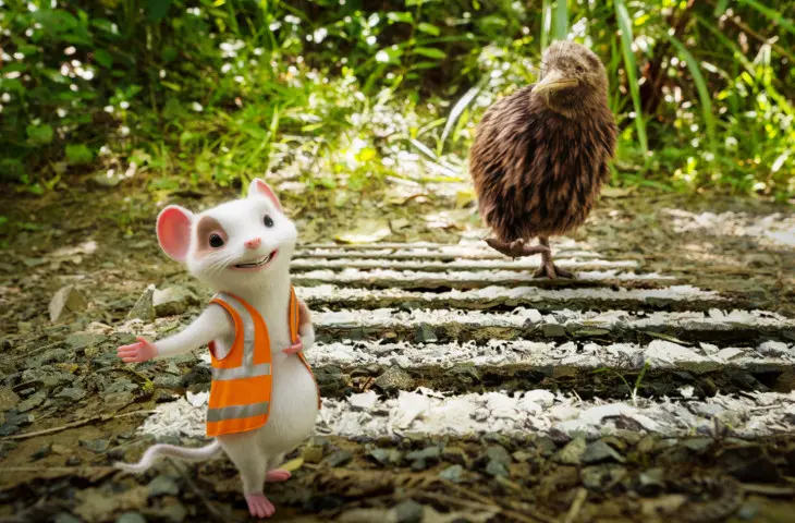 Illustration of Sorted's mouse in the bush standing next to a kiwi bird.