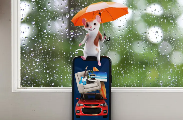 Illustration of Sorted's mouse standing on a mobile phone in front of a window on a rainy day with an open umbrella.