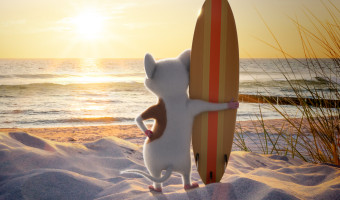 Illustration of Sorted's mouse standing on the beach facing the ocean next to a surf board at sunset.
