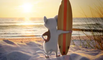 Illustration of Sorted's mouse standing on the beach facing the ocean next to a surf board at sunset.