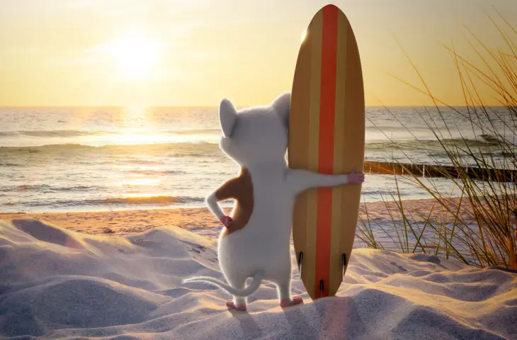 Illustration of Sorted's mouse standing on the beach facing the ocean next to a surf board at sunset.