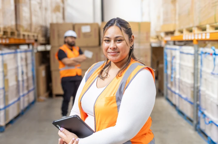 Woman smiling at the camera, wearing an orange high‑visibility vest, with a blurred factory background.