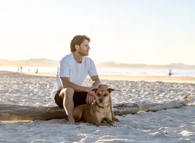 Person sitting on a driftwood log with a dog on a sandy beach.