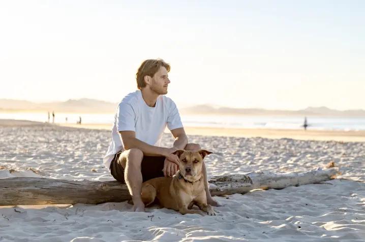 Person sitting on a driftwood log with a dog on a sandy beach.