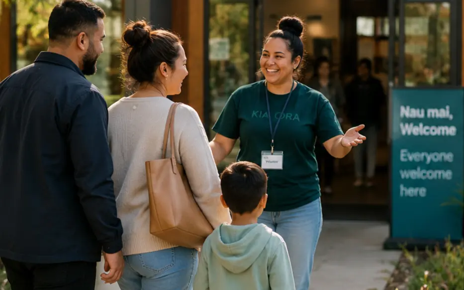 Woman welcoming a family of three